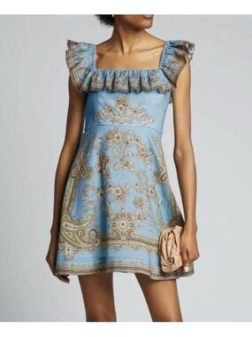 Zimmermann | Dresses | Zimmermann Beige Blue Printed Linen Plunge August  Midi Dress M | Poshmark